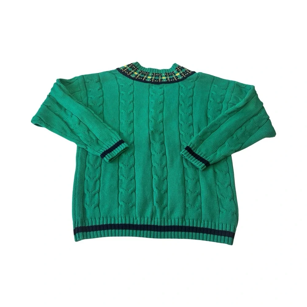 EP Pro Mens Green Cable Knit V-Neck Golf Sweater Plaid Trim Vintage‎ Size M